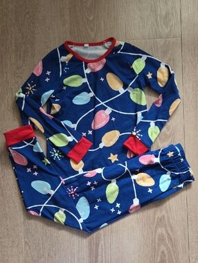 Kids Navy Blue Holiday Light Pajama Set - Red Trim